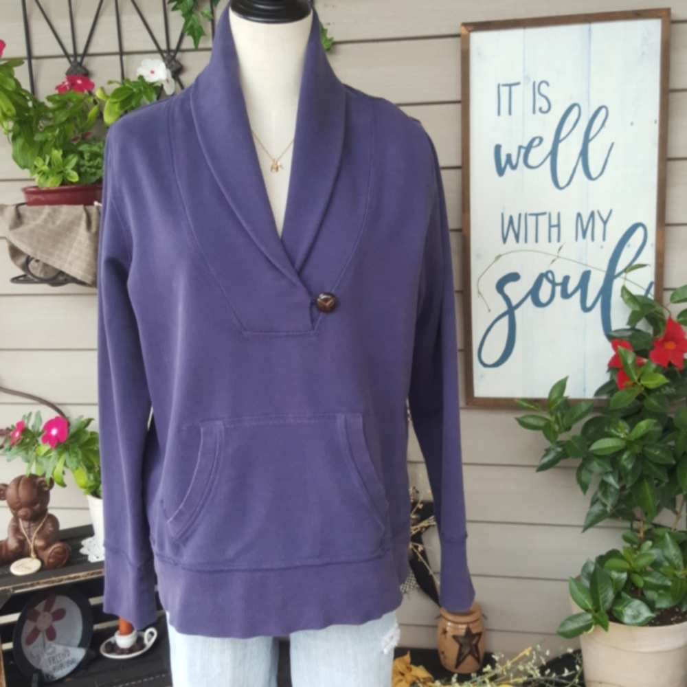 EDDIE BAUER ♡ Vintage Navy Pullover Button V Neck Front Pocket Sweatshirt LP
